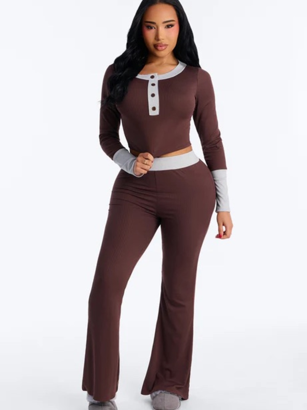 Fashion Nova Brown Ribbed Henley Crop Top & Flare Pants with Light Gray Trim